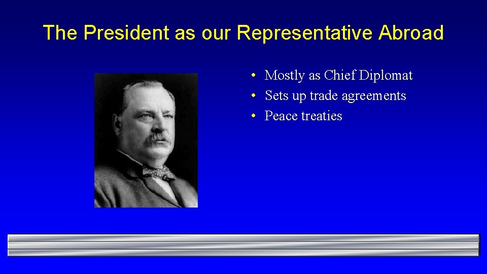 The President as our Representative Abroad • Mostly as Chief Diplomat • Sets up