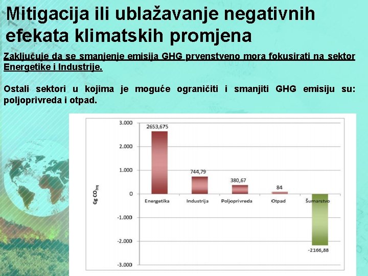 Mitigacija ili ublažavanje negativnih efekata klimatskih promjena Zaključuje da se smanjenje emisija GHG prvenstveno