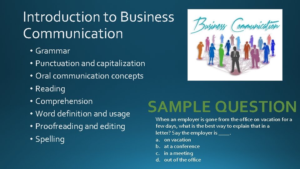 Introduction to Business Communication • Grammar • Punctuation and capitalization • Oral communication concepts