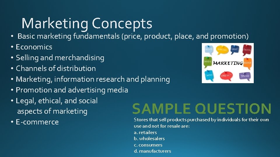 Marketing Concepts • Basic marketing fundamentals (price, product, place, and promotion) • Economics •