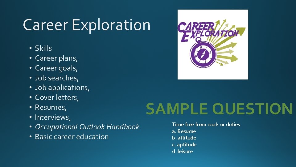 Career Exploration • • • Skills Career plans, Career goals, Job searches, Job applications,