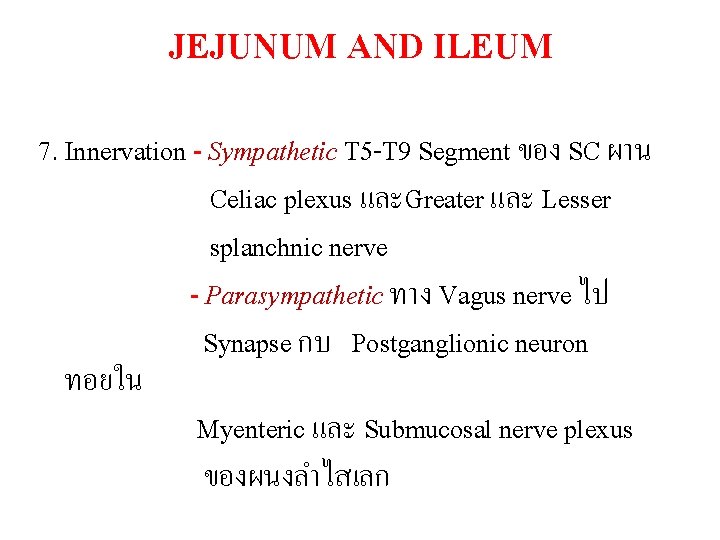 JEJUNUM AND ILEUM 7. Innervation - Sympathetic T 5 -T 9 Segment ของ SC