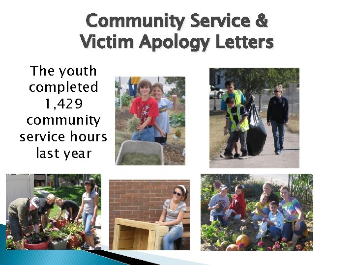 Community Service & Victim Apology Letters The youth completed 1, 429 community service hours