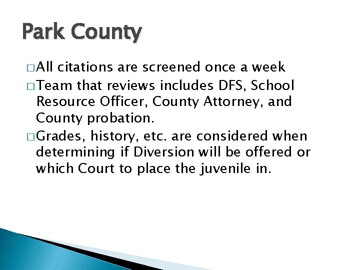 Park County � All citations are screened once a week � Team that reviews
