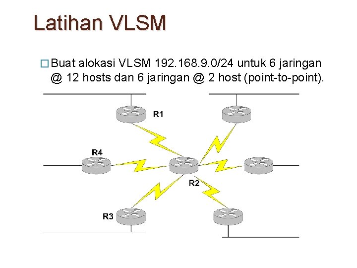 Latihan VLSM � Buat alokasi VLSM 192. 168. 9. 0/24 untuk 6 jaringan @