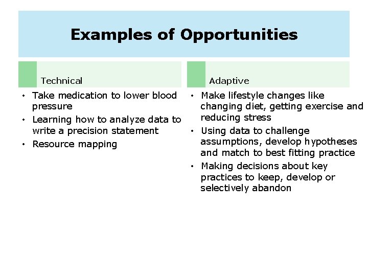 Examples of Opportunities Technical Adaptive • Take medication to lower blood • Make lifestyle