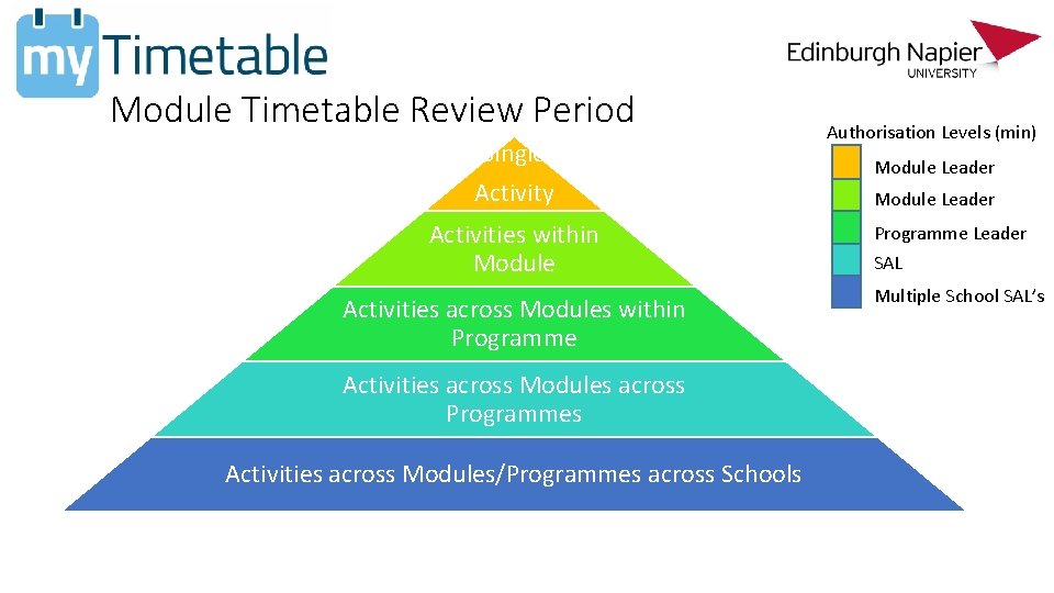 Module Timetable Review Period Single Activity Activities within Module Activities across Modules within Programme