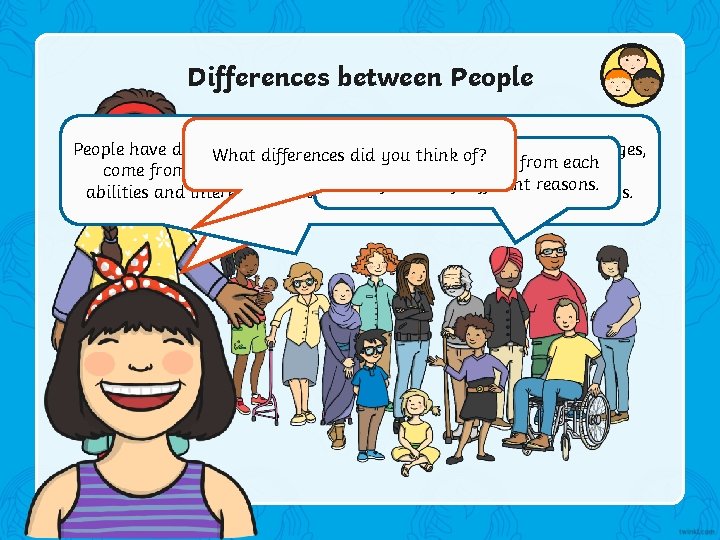 Differences between People have different beliefs, live indid different families, are different ages, What