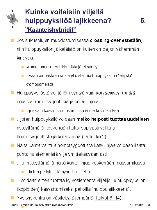 Kuinka voitaisiin viljellä huippuyksilöä lajikkeena? 5. ”Käänteishybridit” n Jos sukusolujen muodostumisessa crossing-over estetään, niin