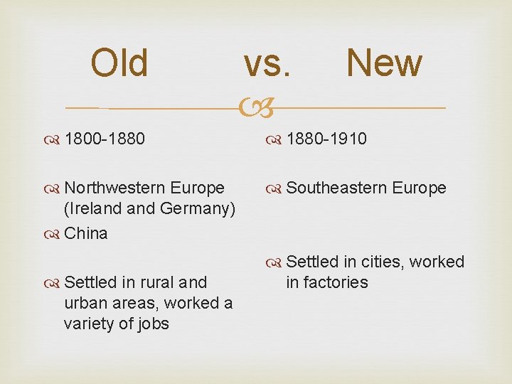 Old vs. New 1800 -1880 1880 -1910 Northwestern Europe (Ireland Germany) China Southeastern Europe