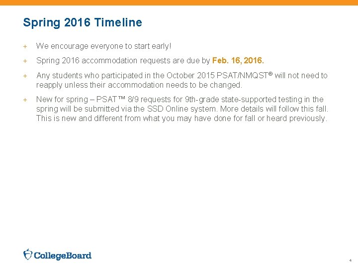 Spring 2016 Timeline + We encourage everyone to start early! + Spring 2016 accommodation
