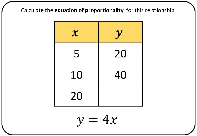 Calculate the equation of proportionality for this relationship. 5 20 10 40 20 