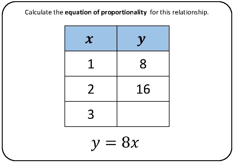 Calculate the equation of proportionality for this relationship. 1 8 2 16 3 