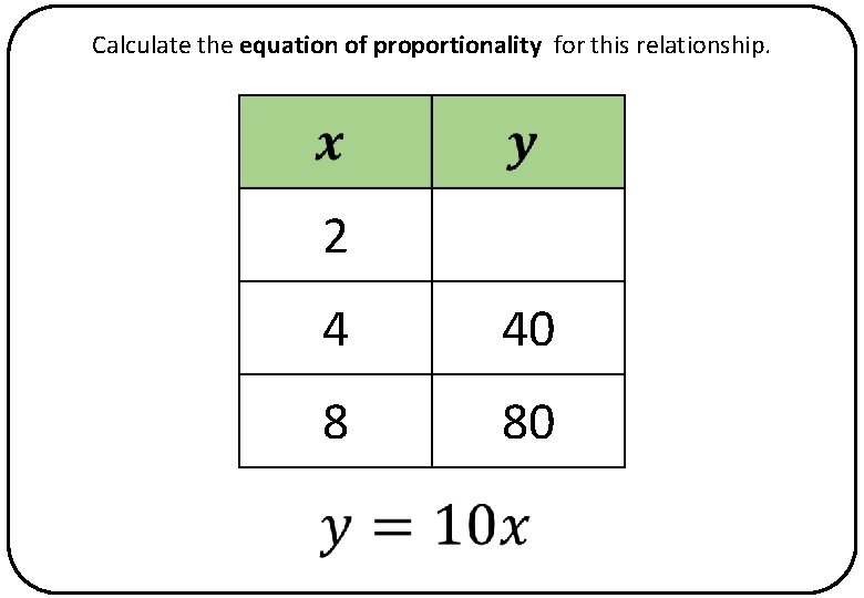 Calculate the equation of proportionality for this relationship. 2 4 40 8 80 