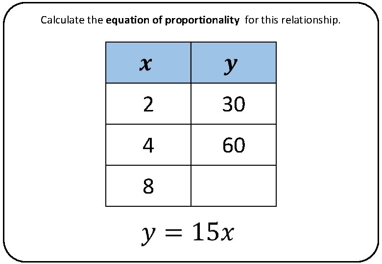 Calculate the equation of proportionality for this relationship. 2 30 4 60 8 