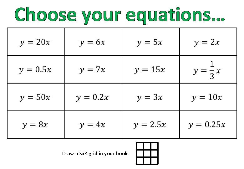 Choose your equations… Draw a 3 x 3 grid in your book. 