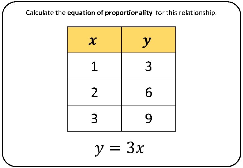 Calculate the equation of proportionality for this relationship. 1 3 2 6 3 9