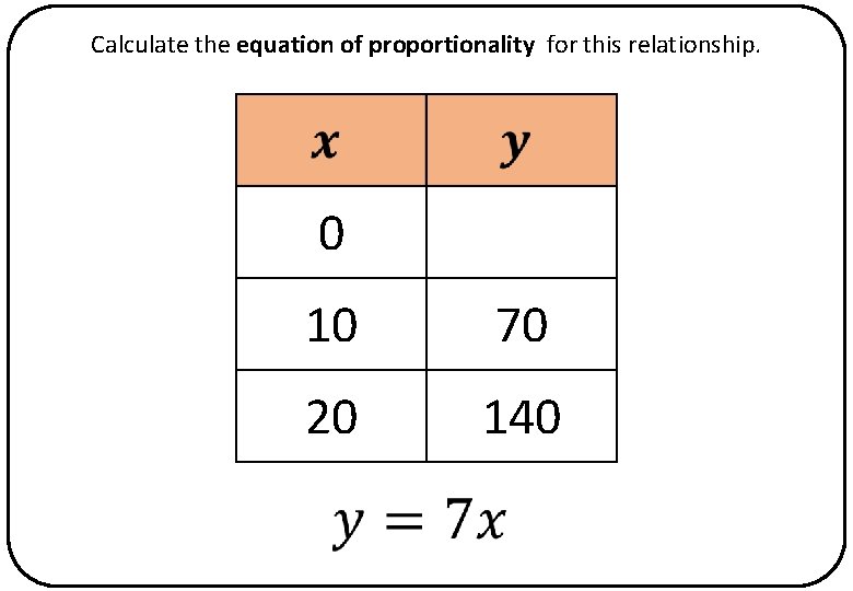 Calculate the equation of proportionality for this relationship. 0 10 70 20 140 