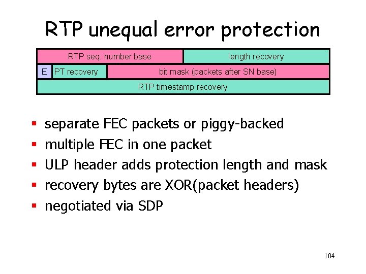 RTP unequal error protection RTP seq. number base E PT recovery length recovery bit