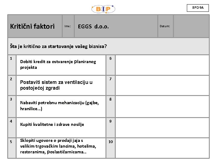 BPD 9 A Kritični faktori Ime: EGGS d. o. o. Datum: Šta je kritično