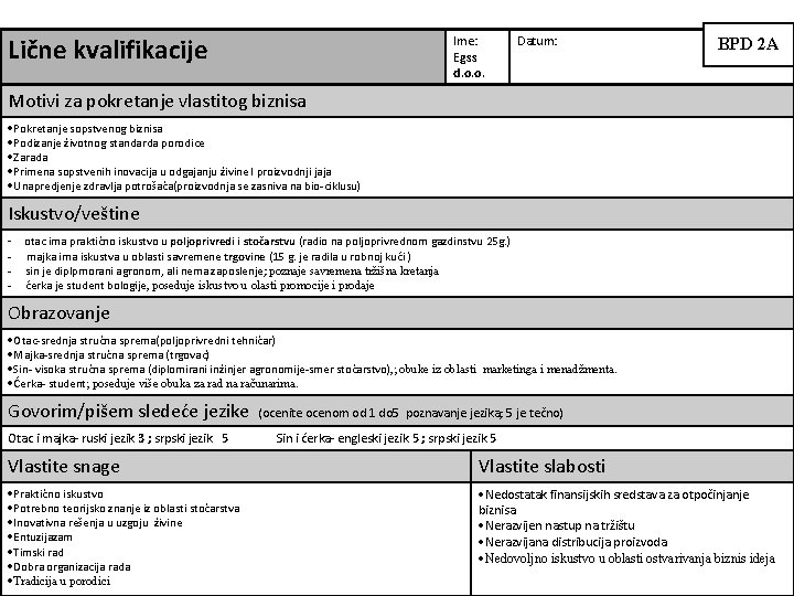 Lične kvalifikacije Ime: Egss d. o. o. Datum: BPD 2 A Motivi za pokretanje