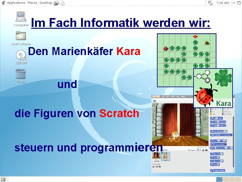 Im Fach Informatik werden wir: Den Marienkäfer Kara und die Figuren von Scratch steuern