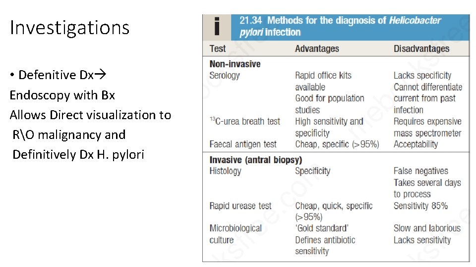 Investigations • Defenitive Dx Endoscopy with Bx Allows Direct visualization to RO malignancy and