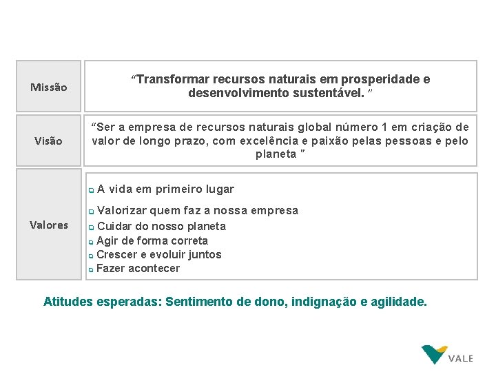 “Transformar recursos naturais em prosperidade e desenvolvimento sustentável. ” Missão Visão Valores “Ser a