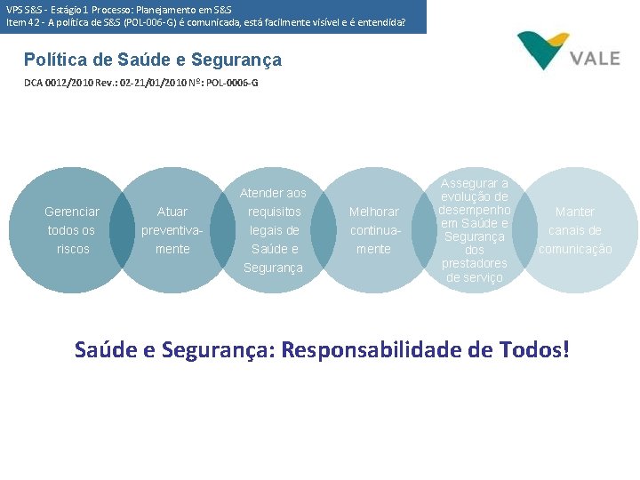 VPS S&S - Estágio 1 Processo: Planejamento em S&S Item 42 - A política