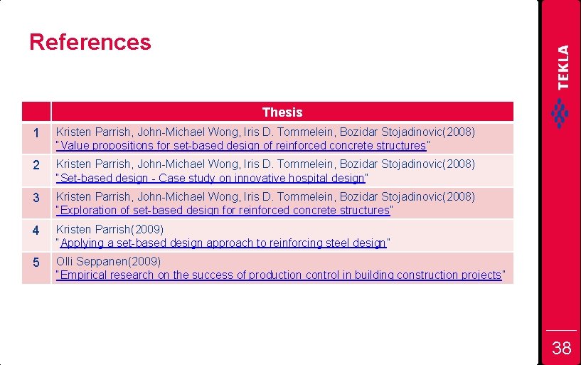 References Thesis 1 Kristen Parrish, John-Michael Wong, Iris D. Tommelein, Bozidar Stojadinovic(2008) “Value propositions