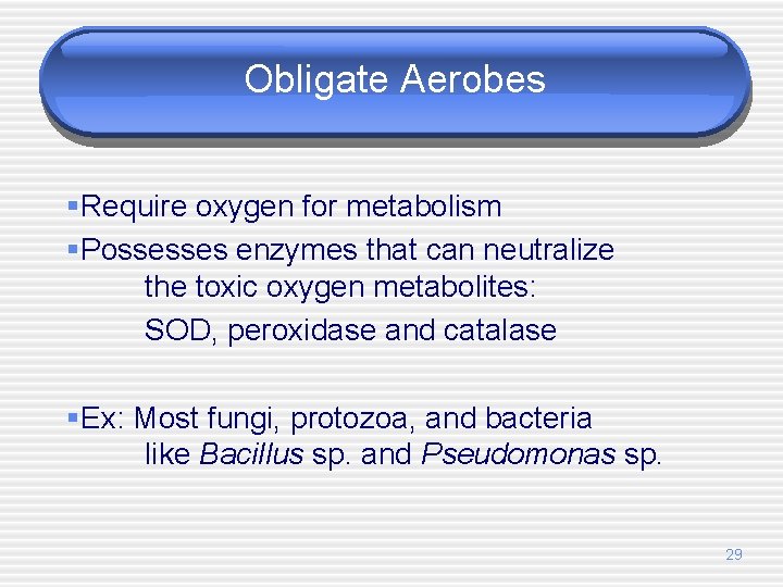 Obligate Aerobes §Require oxygen for metabolism §Possesses enzymes that can neutralize the toxic oxygen