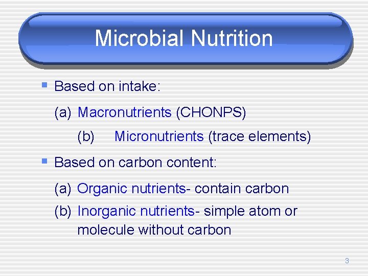 Microbial Nutrition § Based on intake: (a) Macronutrients (CHONPS) (b) Micronutrients (trace elements) §