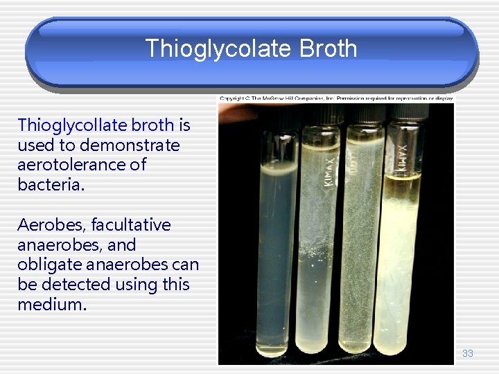 Thioglycolate Broth Thioglycollate broth is used to demonstrate aerotolerance of bacteria. Aerobes, facultative anaerobes,