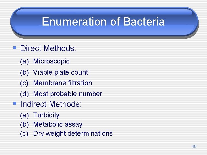 Enumeration of Bacteria § Direct Methods: (a) Microscopic (b) Viable plate count (c) Membrane