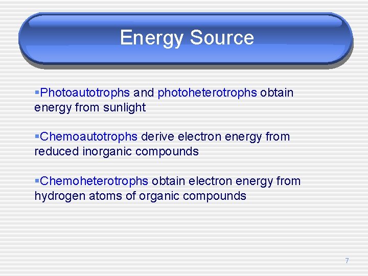 Energy Source §Photoautotrophs and photoheterotrophs obtain energy from sunlight §Chemoautotrophs derive electron energy from