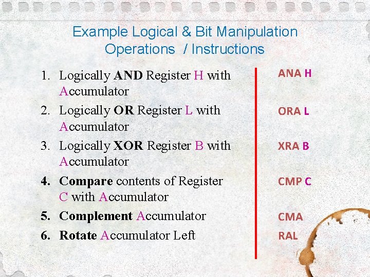 Example Logical & Bit Manipulation Operations / Instructions 1. Logically AND Register H with