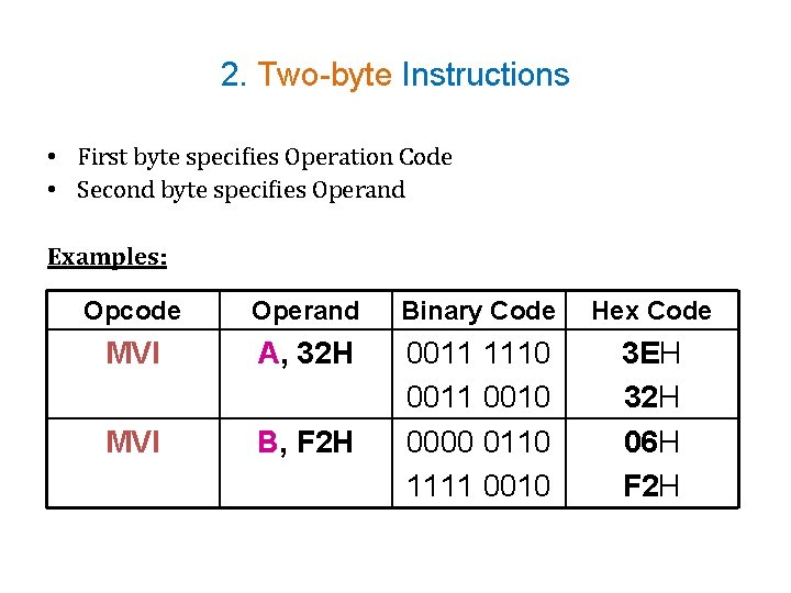 2. Two-byte Instructions • First byte specifies Operation Code • Second byte specifies Operand