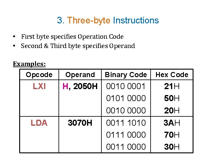 3. Three-byte Instructions • First byte specifies Operation Code • Second & Third byte