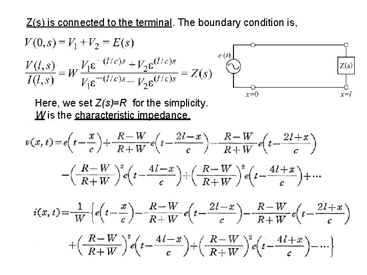 Z(s) is connected to the terminal. The boundary condition is, Here, we set Z(s)=R