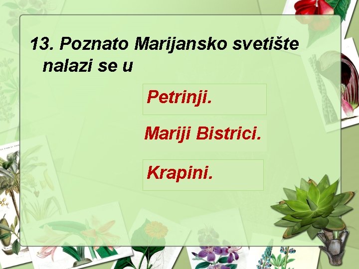 13. Poznato Marijansko svetište nalazi se u Petrinji. Mariji Bistrici. Krapini. 