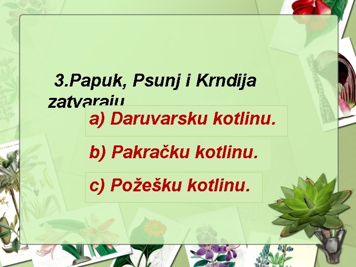 3. Papuk, Psunj i Krndija zatvaraju a) Daruvarsku kotlinu. b) Pakračku kotlinu. c) Požešku