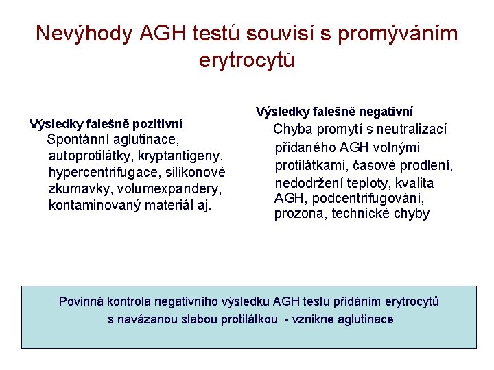 Nevýhody AGH testů souvisí s promýváním erytrocytů Výsledky falešně pozitivní Spontánní aglutinace, autoprotilátky, kryptantigeny,
