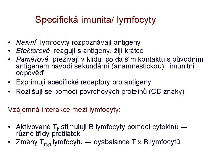 Specifická imunita/ lymfocyty • Naivní lymfocyty rozpoznávají antigeny • Efektorové reagují s antigeny, žijí