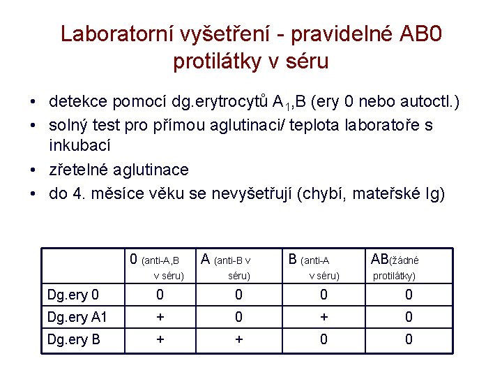 Laboratorní vyšetření - pravidelné AB 0 protilátky v séru • detekce pomocí dg. erytrocytů