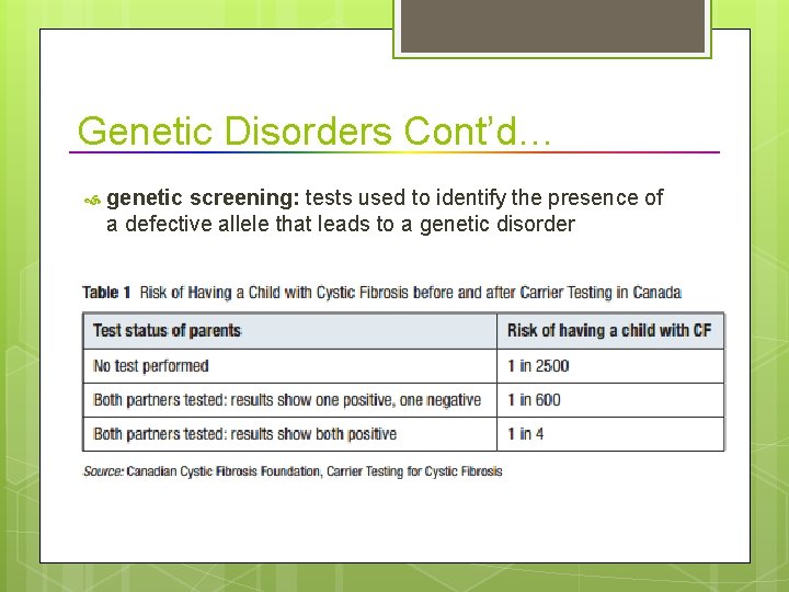 Genetic Disorders Cont’d… genetic screening: tests used to identify the presence of a defective