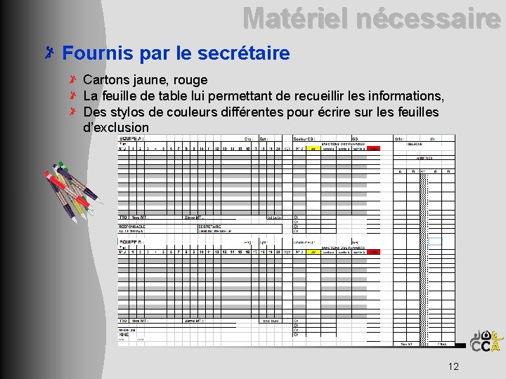 Matériel nécessaire Fournis par le secrétaire Cartons jaune, rouge La feuille de table lui