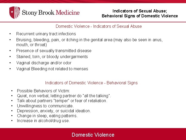 Indicators of Sexual Abuse; Behavioral Signs of Domestic Violence - Indicators of Sexual Abuse
