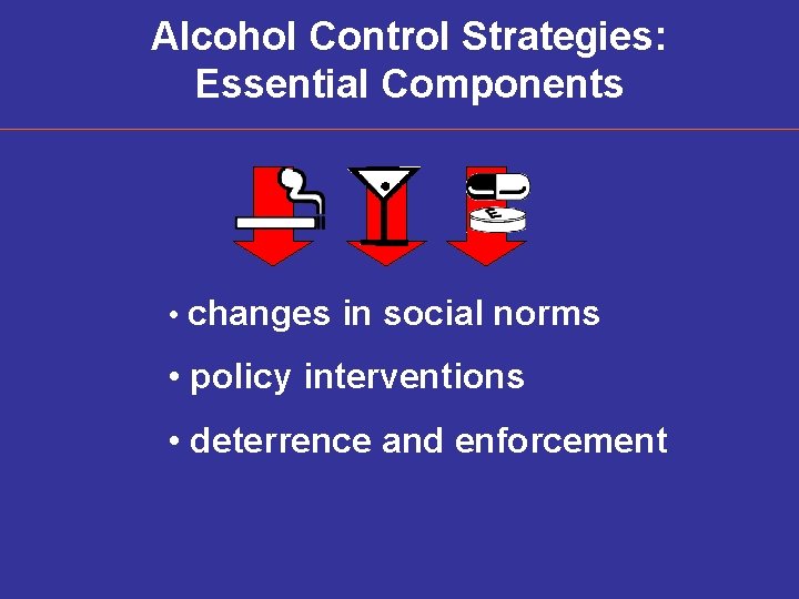 Alcohol Control Strategies: Essential Components • changes in social norms • policy interventions •