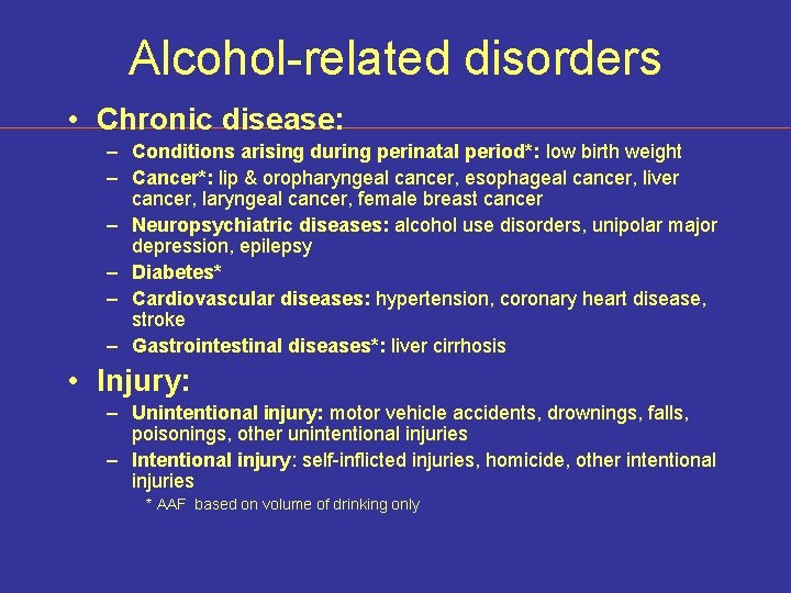 Alcohol-related disorders • Chronic disease: – Conditions arising during perinatal period*: low birth weight