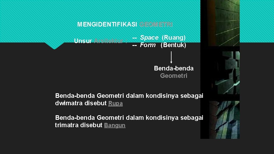 MENGIDENTIFIKASI GEOMETRI Unsur Arsitektur : -- Space (Ruang) -- Form (Bentuk) Benda-benda Geometri dalam